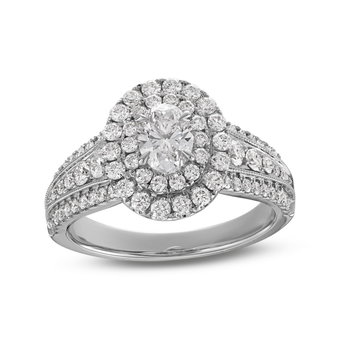Oval Diamond Double Halo Three Row Engagement Ring In White Gold 14K