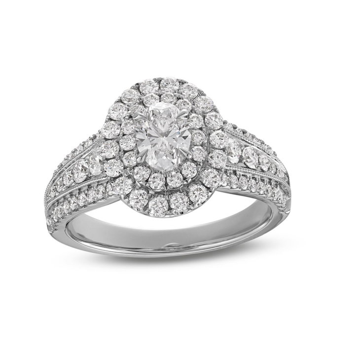 Oval Diamond Double Halo Three Row Engagement Ring In White Gold 14K