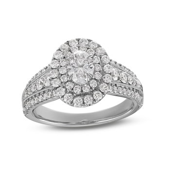 Oval Diamond Double Halo Three Row Engagement Ring In White Gold 14K