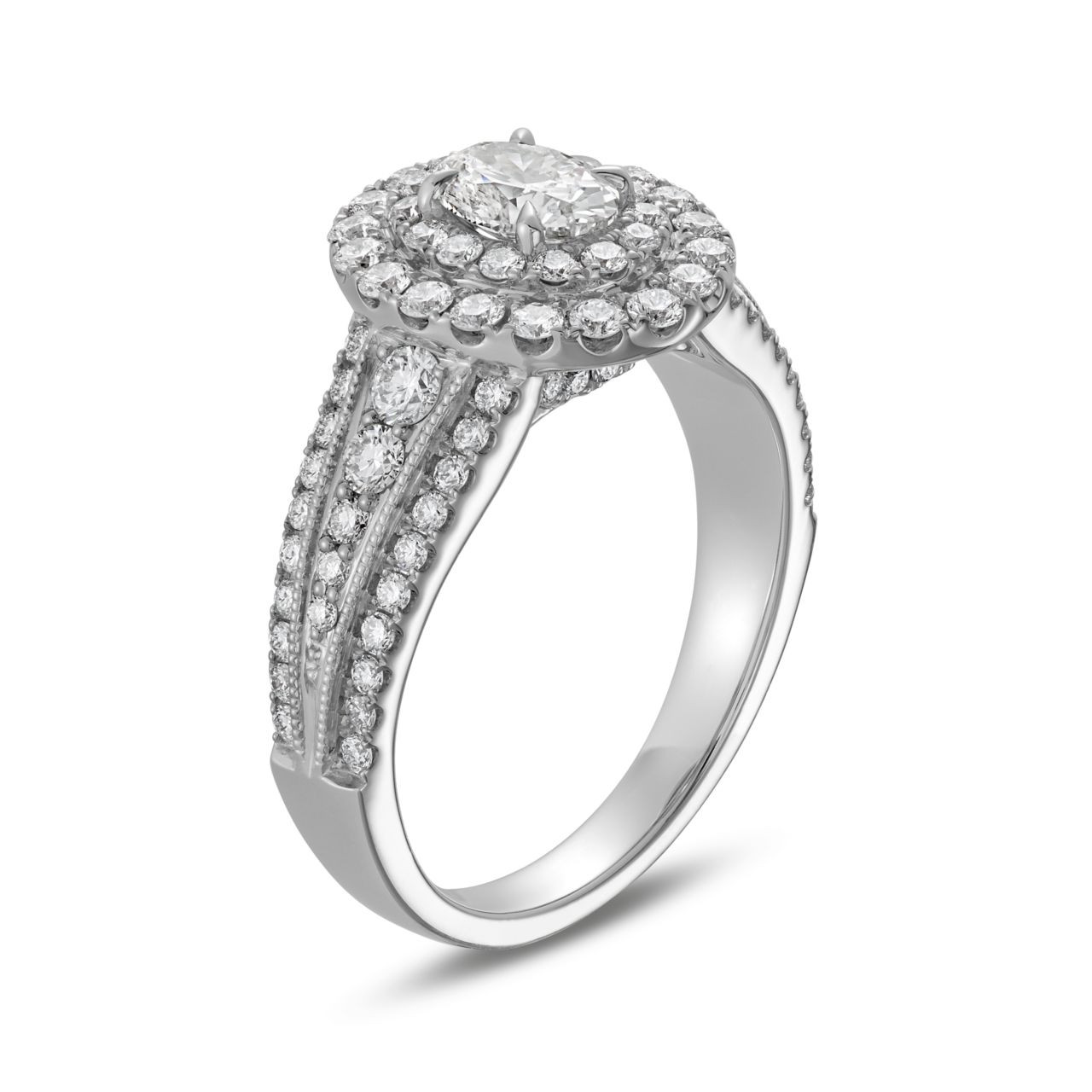 Oval Diamond Double Halo Three Row Engagement Ring 3