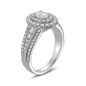 Oval Diamond Double Halo Three Row Engagement Ring In White Gold 14K