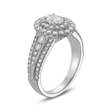 Oval Diamond Double Halo Three Row Engagement Ring In White Gold 14K