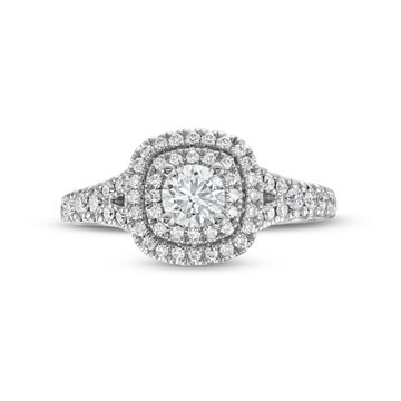 Round Diamond Double Halo Split Engagement Ring In White Gold 14K