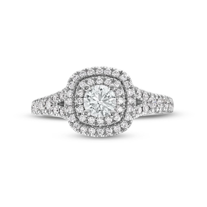 Round Diamond Double Halo Split Engagement Ring In White Gold 14K