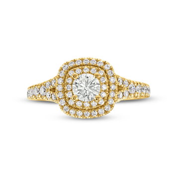 Round Diamond Double Halo Split Engagement Ring In White Gold 14K