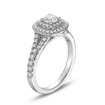 Round Diamond Double Halo Split Engagement Ring In White Gold 14K