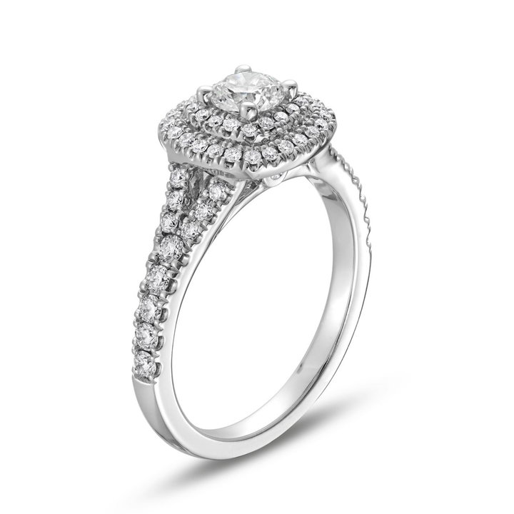 Round Diamond Double Halo Split Engagement Ring In White Gold 14K