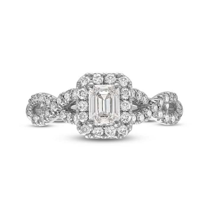 White Gold 14K Emerald Diamond Halo Twist Engagement Ring