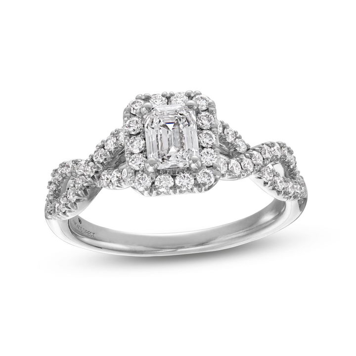 White Gold 14K Emerald Diamond Halo Twist Engagement Ring
