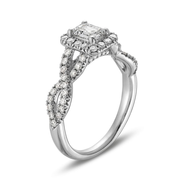 White Gold 14K Emerald Diamond Halo Twist Engagement Ring