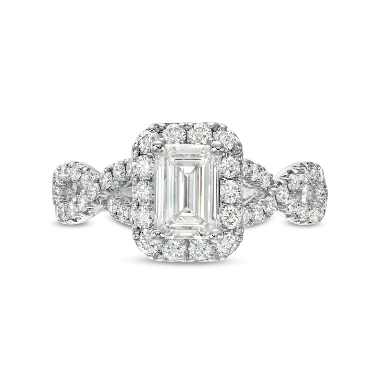 Emerald Diamond Halo Twist Engagement Ring