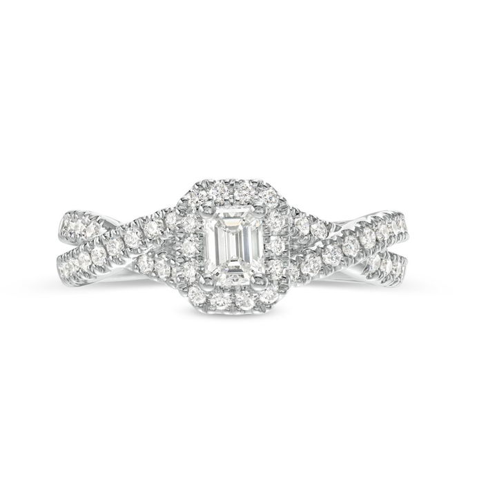 Emerald Diamond Halo Petite Twist Engagement Ring