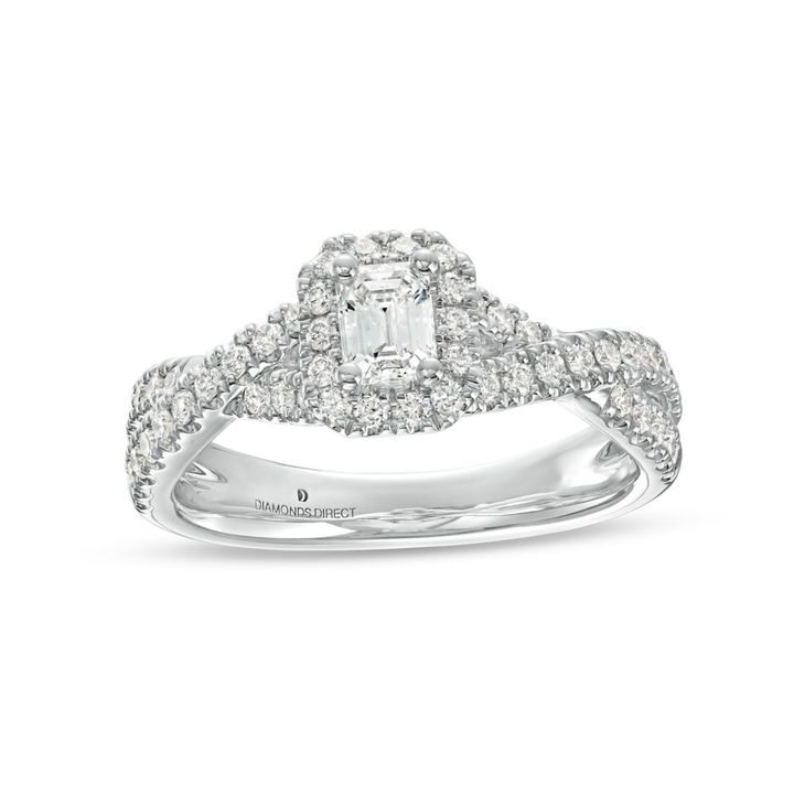 Emerald Diamond Halo Petite Twist Engagement Ring