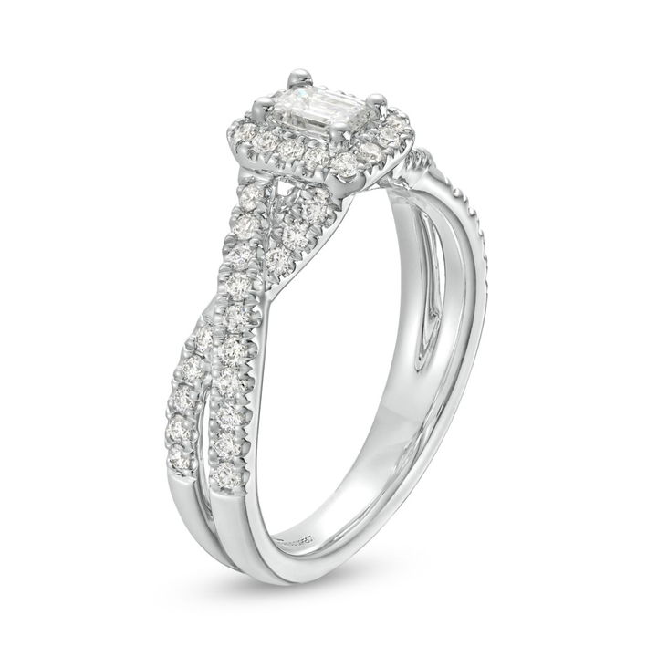 Emerald Diamond Halo Petite Twist Engagement Ring
