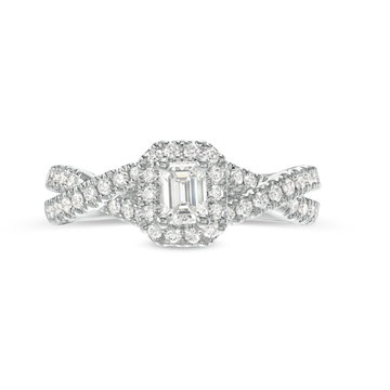 Emerald Diamond Halo Petite Twist Engagement Ring In Solid 14K White Gold