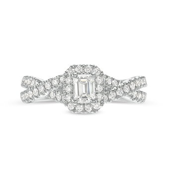 Emerald Diamond Halo Petite Twist Engagement Ring In White Gold 14K