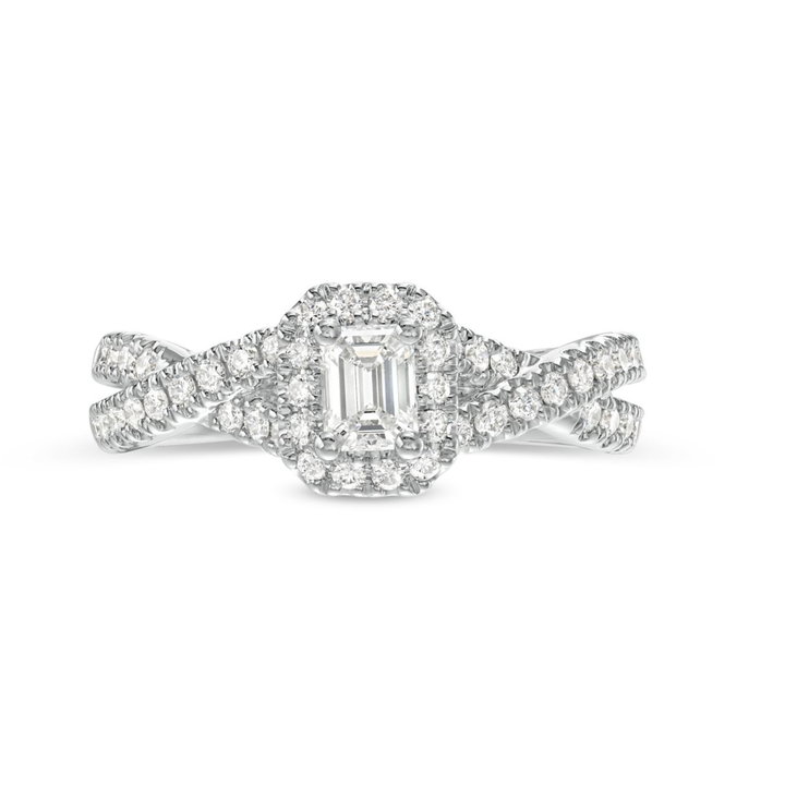 Emerald Diamond Halo Petite Twist Engagement Ring In White Gold 14K