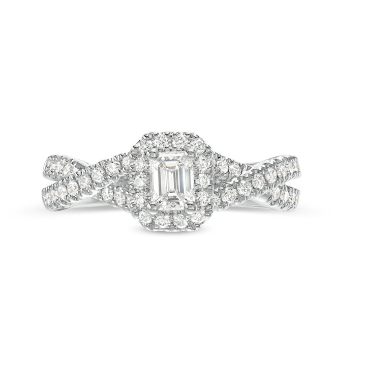 Emerald Diamond Halo Petite Twist Engagement Ring In Solid 14K White Gold