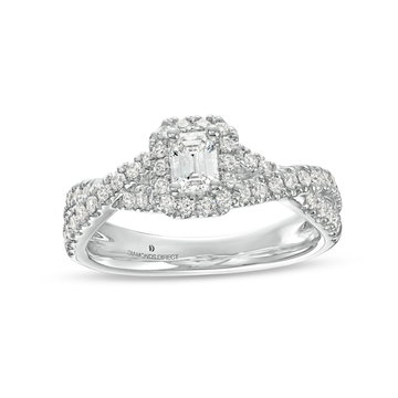 Emerald Diamond Halo Petite Twist Engagement Ring In White Gold 14K