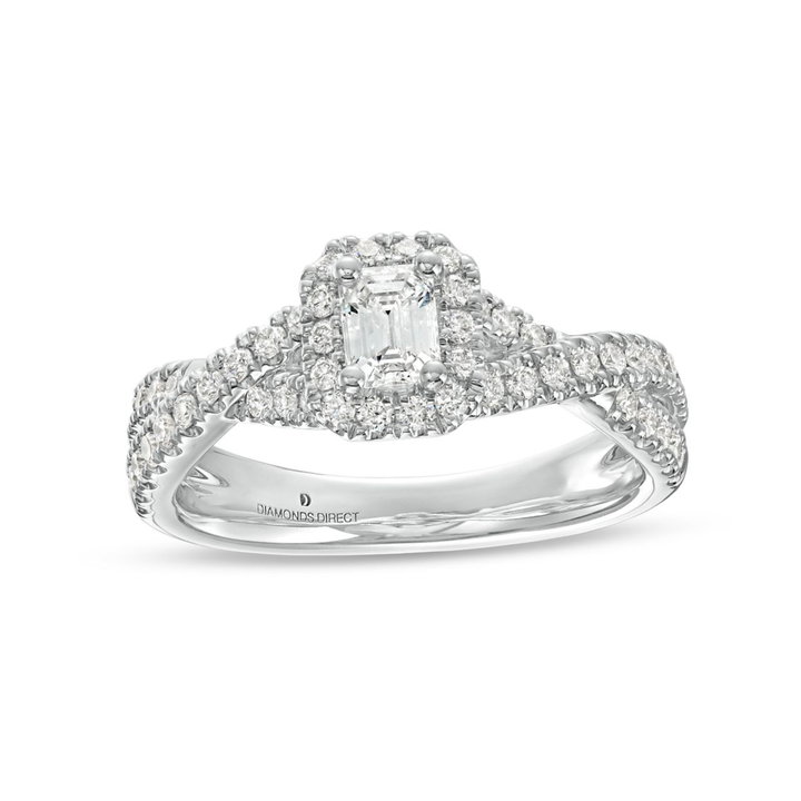 Emerald Diamond Halo Petite Twist Engagement Ring In Solid 14K White Gold