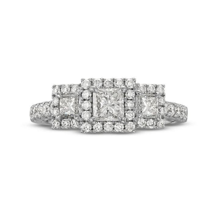 White Gold 14K Princess Diamond Three Stone Halo Engagement Ring