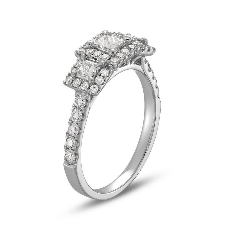 White Gold 14K Princess Diamond Three Stone Halo Engagement Ring