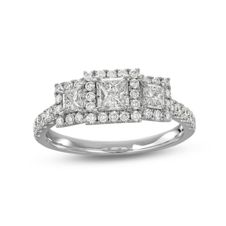 White Gold 14K Princess Diamond Three Stone Halo Engagement Ring