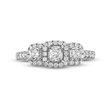 Cushion Diamond Three Stone Halo Engagement Ring In White Gold 14K