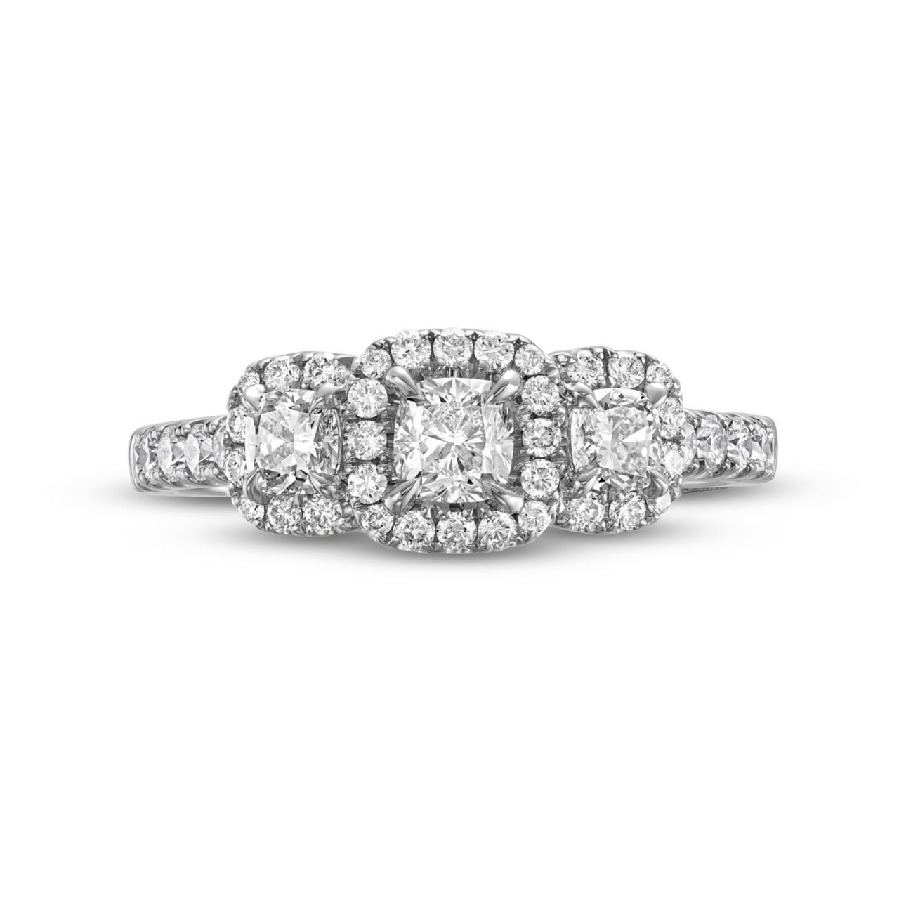 Cushion Diamond Three Stone Halo Engagement Ring