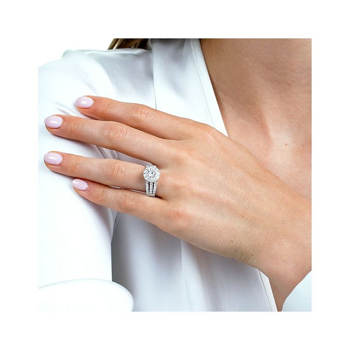 Round Diamond Halo Three Row Engagement Ring