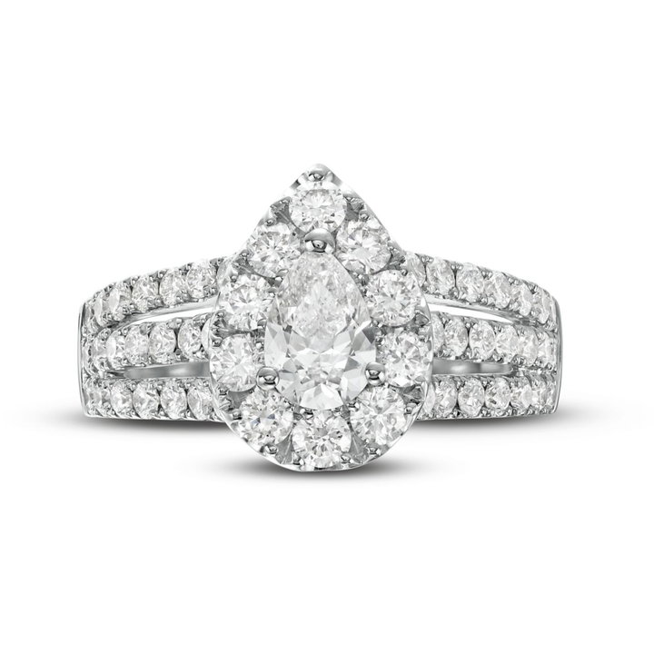 Pear Diamond Halo Three Row Engagement Ring In Solid 14K White Gold