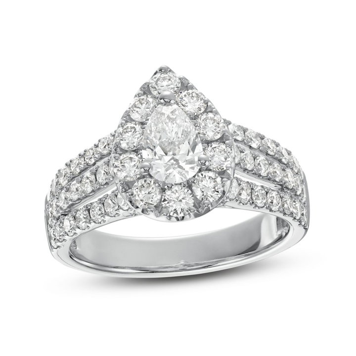 Pear Diamond Halo Three Row Engagement Ring In Solid 14K White Gold