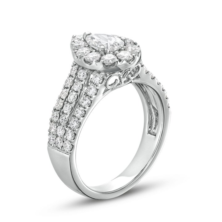 Pear Diamond Halo Three Row Engagement Ring In Solid 14K White Gold