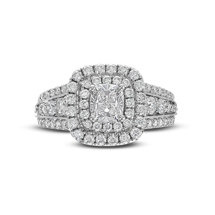 Cushion Diamond Double Halo Three Row Engagement Ring