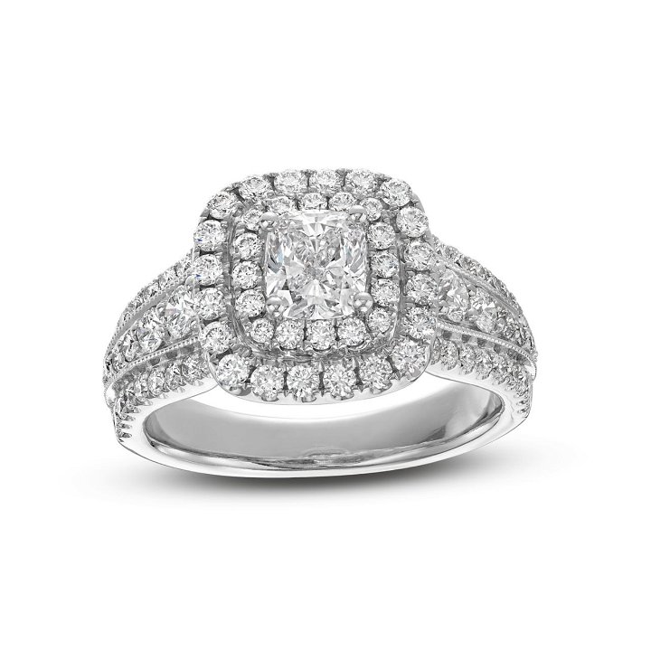 Cushion Diamond Double Halo Three Row Engagement Ring