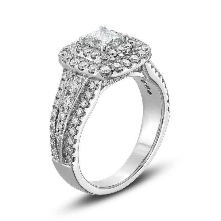 Cushion Diamond Double Halo Three Row Engagement Ring