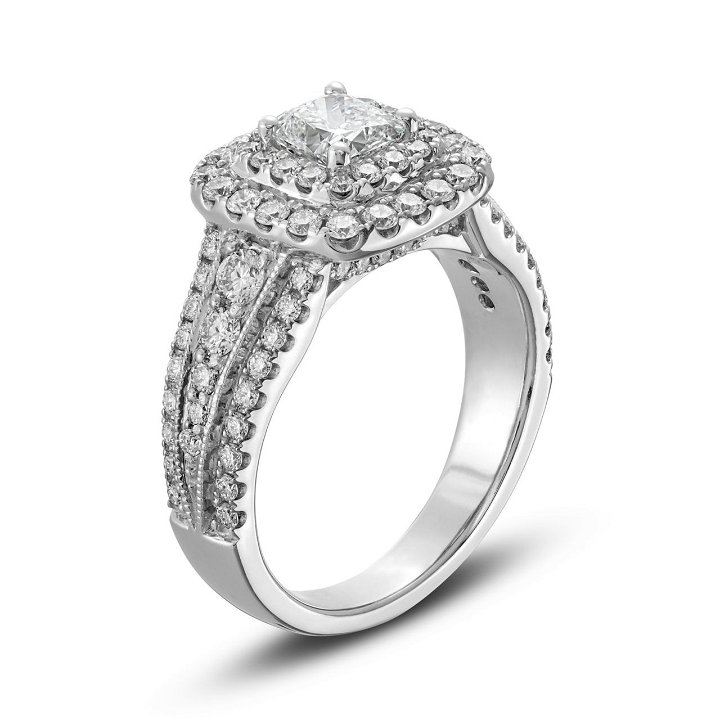 Cushion Diamond Double Halo Three Row Engagement Ring
