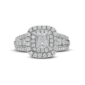 Cushion Diamond Double Halo Three Row Engagement Ring In White Gold 14K