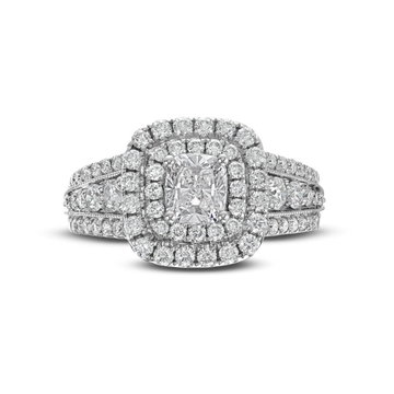 Cushion Diamond Double Halo Three Row Engagement Ring In Solid 14K White Gold