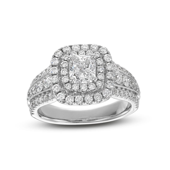 Cushion Diamond Double Halo Three Row Engagement Ring In Solid 14K White Gold