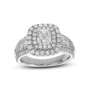 Cushion Diamond Double Halo Three Row Engagement Ring In White Gold 14K