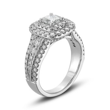 Cushion Diamond Double Halo Three Row Engagement Ring In White Gold 14K