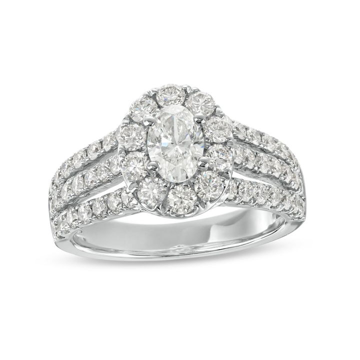Oval Diamond Halo Three Row Engagement Ring