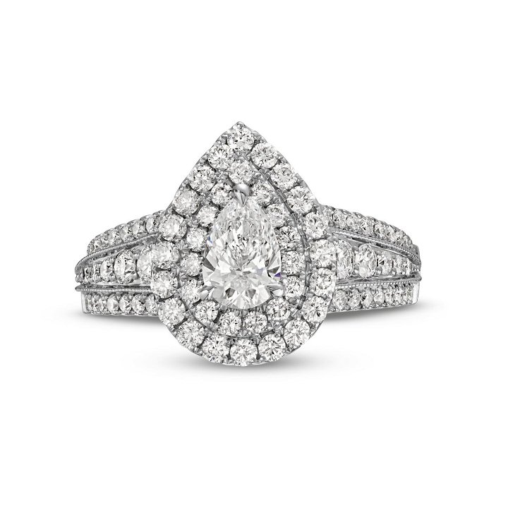 Pear Diamond Double Halo Three Row Engagement Ring