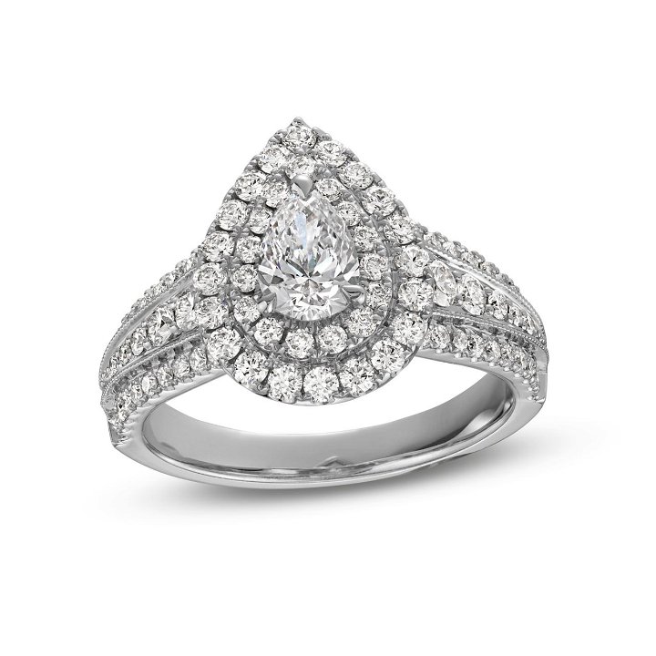 Pear Diamond Double Halo Three Row Engagement Ring