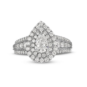 Pear Diamond Double Halo Three Row Engagement Ring In White Gold 14K
