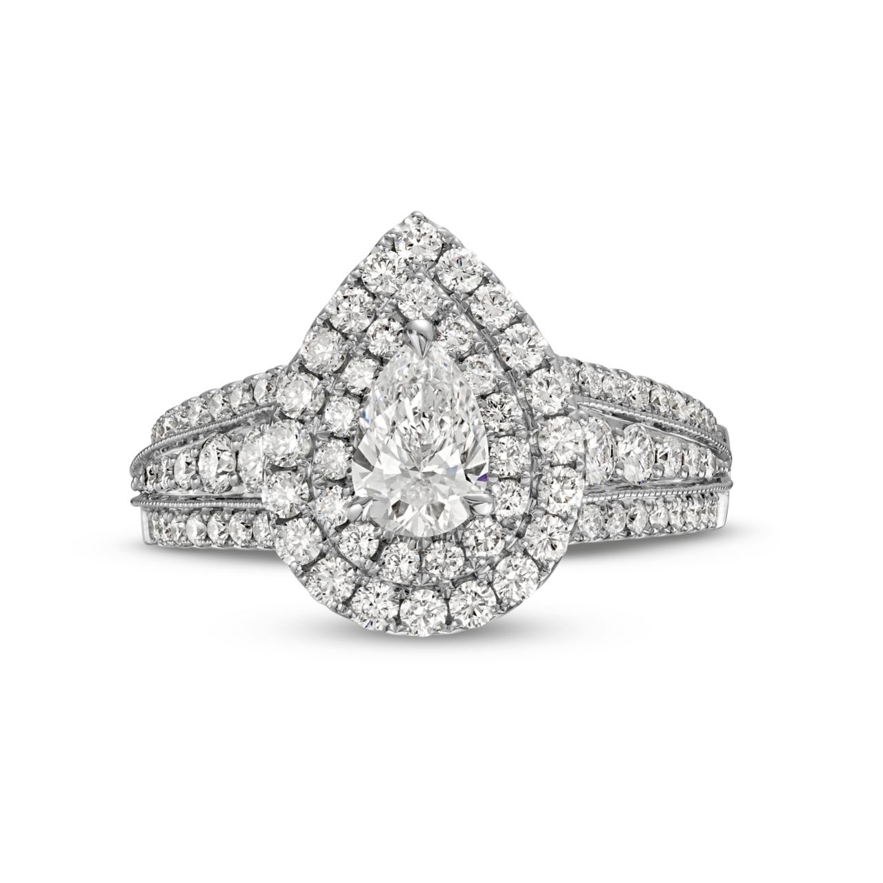 Pear Diamond Double Halo Three Row Engagement Ring 0