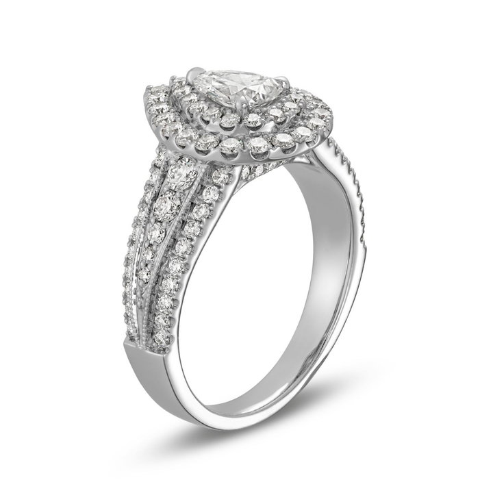 Pear Diamond Double Halo Three Row Engagement Ring In White Gold 14K