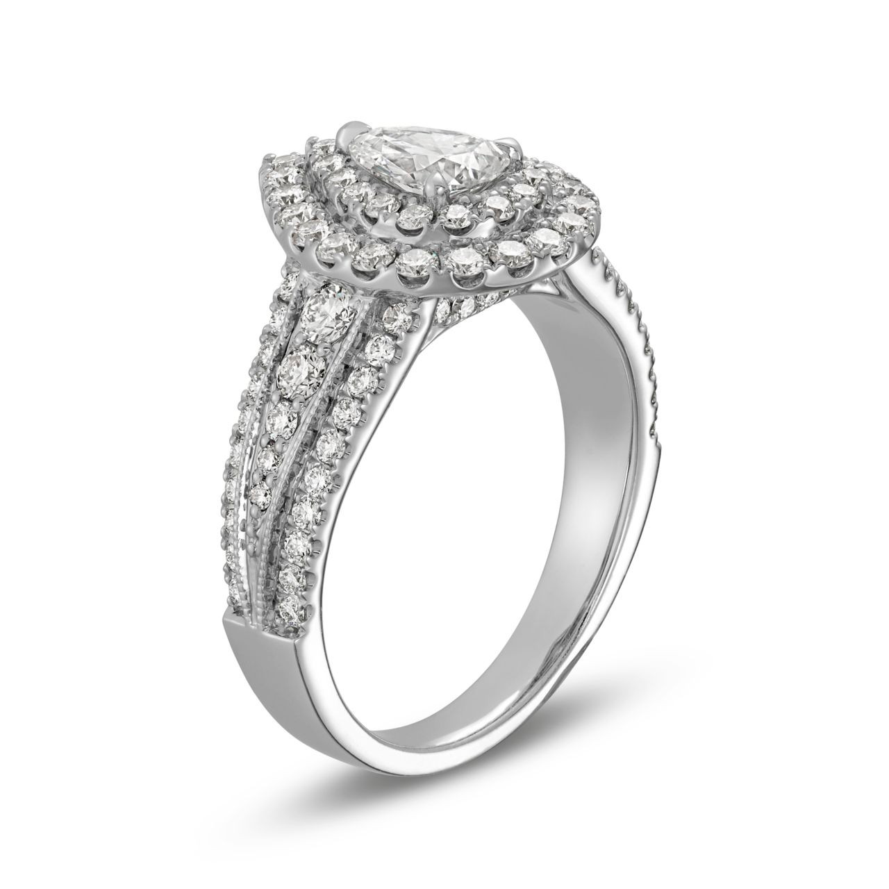 Pear Diamond Double Halo Three Row Engagement Ring 2