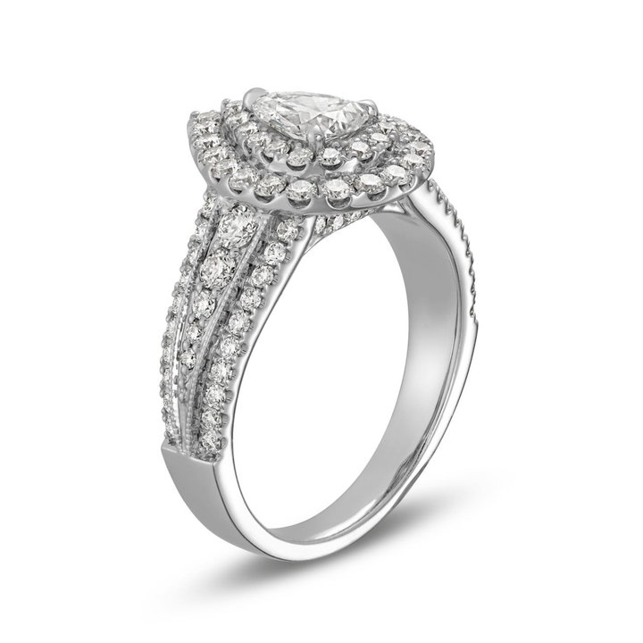 Pear Diamond Double Halo Three Row Engagement Ring In Solid 14K White Gold